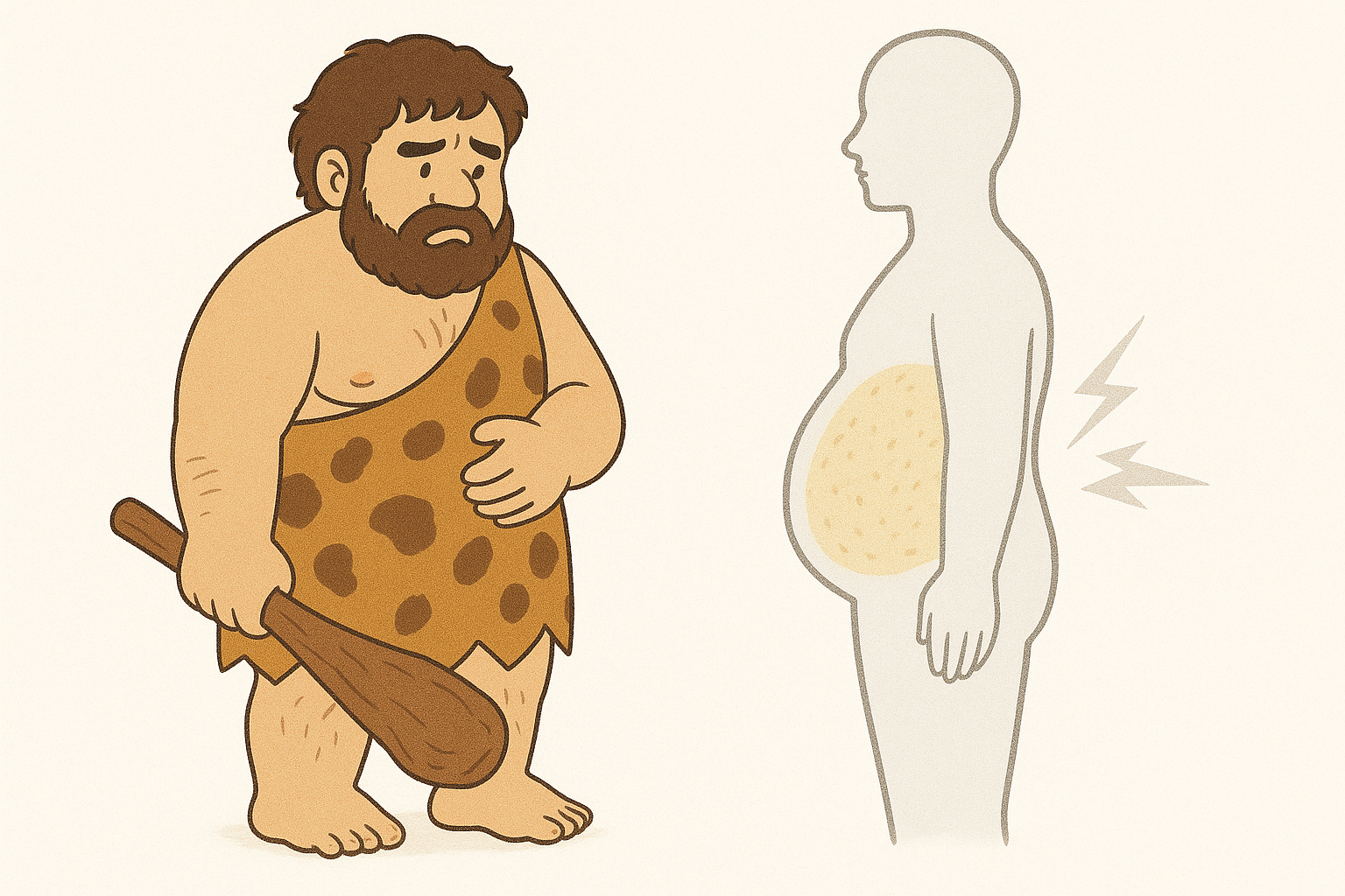 原始時代の人間が「太りやすく痩せにくく進化した」ことを表現したイラストです。
左側には、クラブ(こん棒)を持った毛皮姿の原始人が登場。体格はがっしりしていて、お腹も少し出ています。
右側には、現代人を思わせるシルエットの人物が描かれていて、お腹まわりに脂肪が蓄積していることを表現。
背景は白っぽく、全体は優しい色味で、ホワイトバランス5500K相当の自然光風になっています。
稲妻のようなマークがついていて、体への負担(不調やリスク)を暗示。