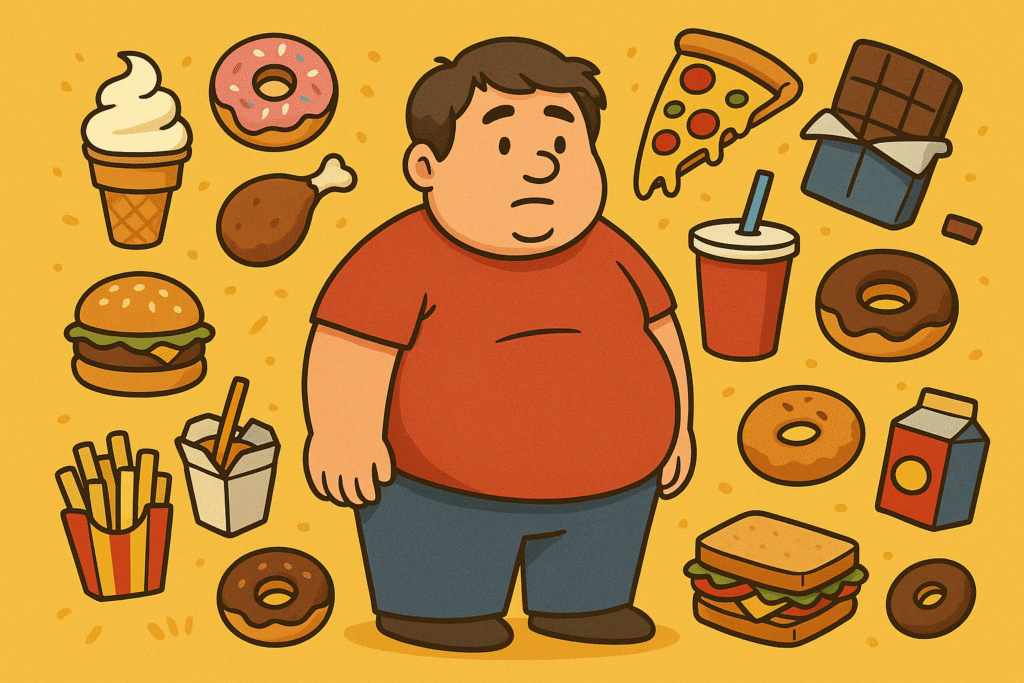 この画像は、現代における「食べ物であふれた環境」を表現したイラストです。
中央の人物:ややぽっちゃりした現代風の男性が立っており、無表情でやや困惑した様子。
背景:明るい黄色の背景に、ドーナツ・ハンバーガー・ポテト・ピザ・チョコレート・アイス・ジュースなど、高カロリーなジャンクフードが大量に散りばめられています。
印象:楽しそうな色使いとは対照的に、「誘惑が多すぎる社会」「痩せにくい現代」の皮肉が込められている構図。