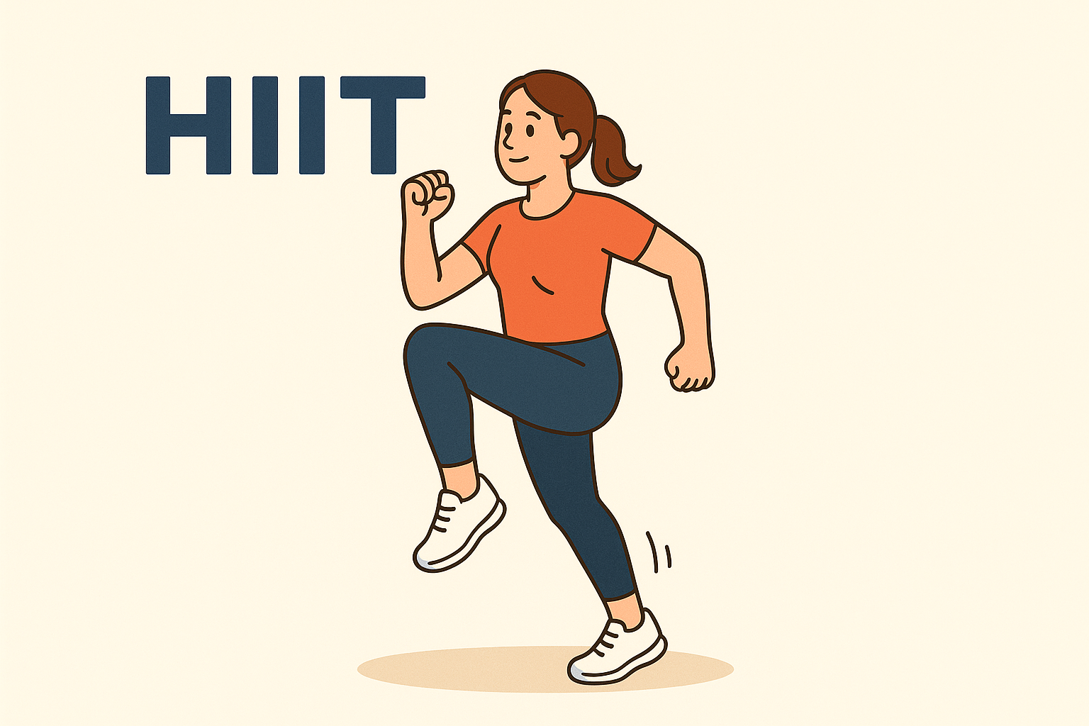 HIIT(高強度インターバルトレーニング)のイラスト
内容:スポーティな女性がハイニー(もも上げ)運動をしている。
服装:赤系のTシャツ、ネイビーのレギンス、白いスニーカー。
雰囲気:明るく、元気な印象。運動に集中している表情。
構図・形式:横長(16:9)で、背景は淡いベージュ。
上部に「HIIT」の文字があり、視線を引くデザイン。
色温度:ホワイトバランス5500Kを意識したナチュラルな色合い。