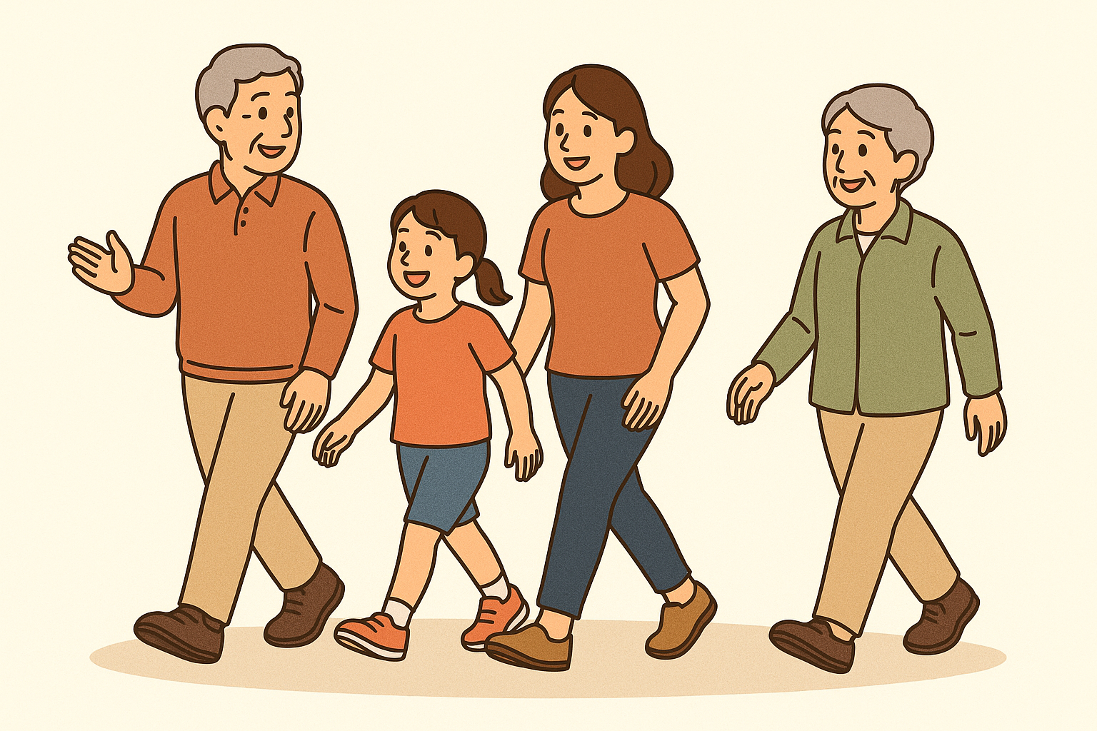 和気あいあいとした散歩のイラスト
内容:家族や近所の人同士のような老若男女4人が仲良く歩いている。
構成:
左から:高齢の男性 → 女の子 → 若い女性 → 高齢の女性
全員が笑顔で、会話やふれあいを楽しんでいる雰囲気
服装:季節感を排除したカジュアルな服装で親しみやすい。
構図・形式:横長(16:9)、背景は無地で温かみのあるベージュ。
色温度:こちらも5500K相当の自然光を感じるトーン。